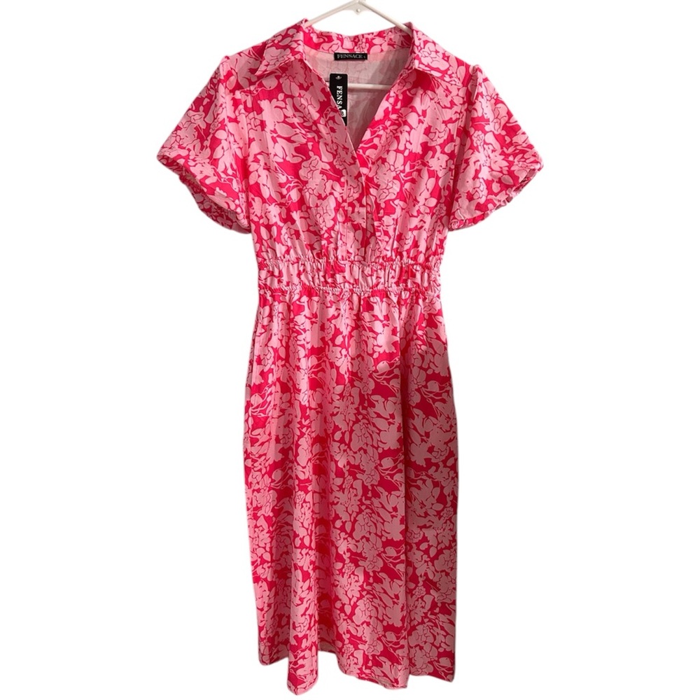 Fensace (Amazon) Pink and White Floral Midi Dress with pockets
